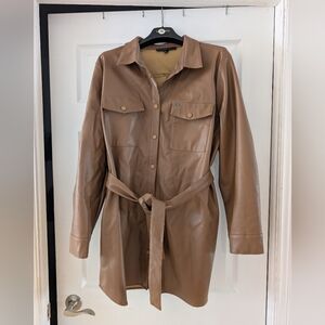 Elegant Tan Faux Leather Belted Jacket